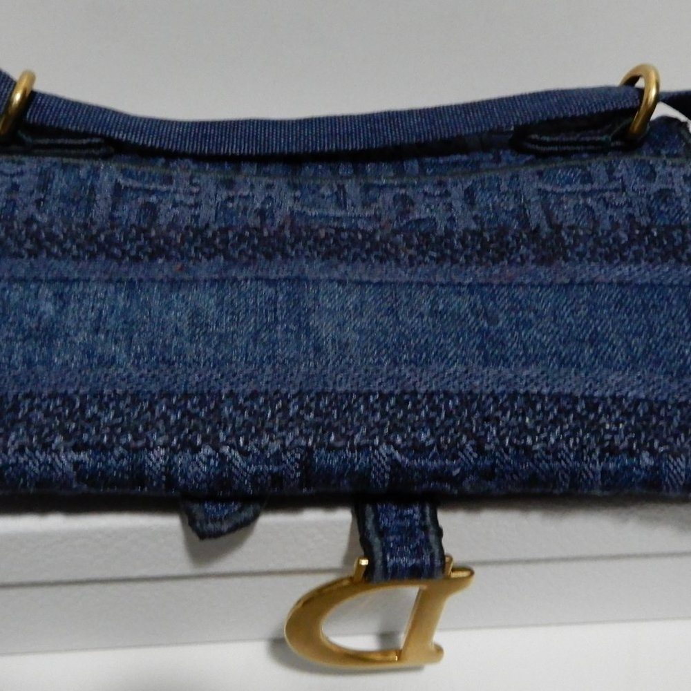 DIOR SLIM SADDLE POUCH Blue Embroidered Denim - Picture 2 of 10